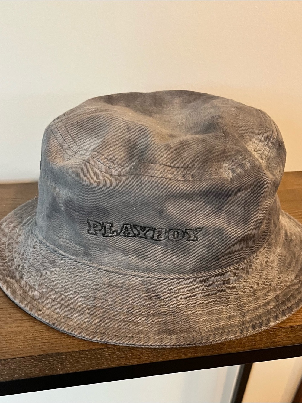 Washed Gray Tie-Dye Bucket Hat with Embroidered “Playboy” Logo